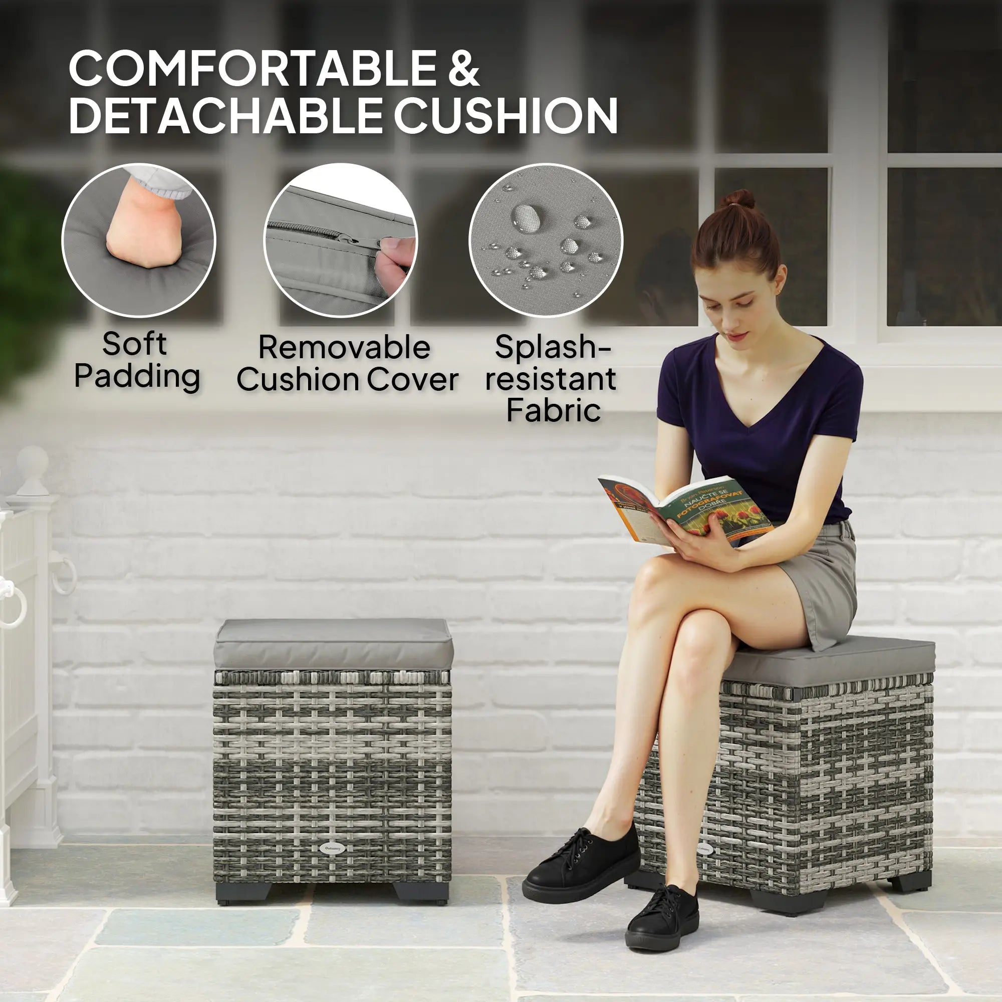 Set of 2 Wicker Ottoman, Outdoor Footstool with Storage &; Removable Cushions for Poolside, Patio, Deck, Grey Patio Furniture Sets at Gallery Canada