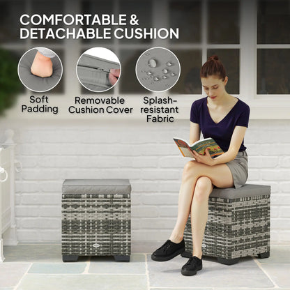 Set of 2 Wicker Ottoman, Outdoor Footstool with Storage &; Removable Cushions for Poolside, Patio, Deck, Grey Patio Furniture Sets at Gallery Canada