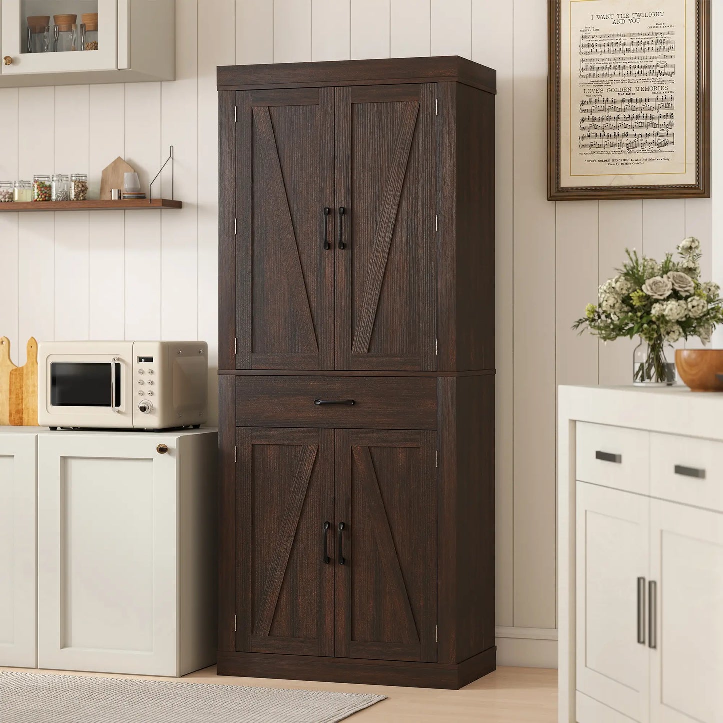72 Inch Kitchen Pantry Cabinet, Farmhouse Storage, 4 Barn Doors, Brown Kitchen Pantry Cabinets at Gallery Canada