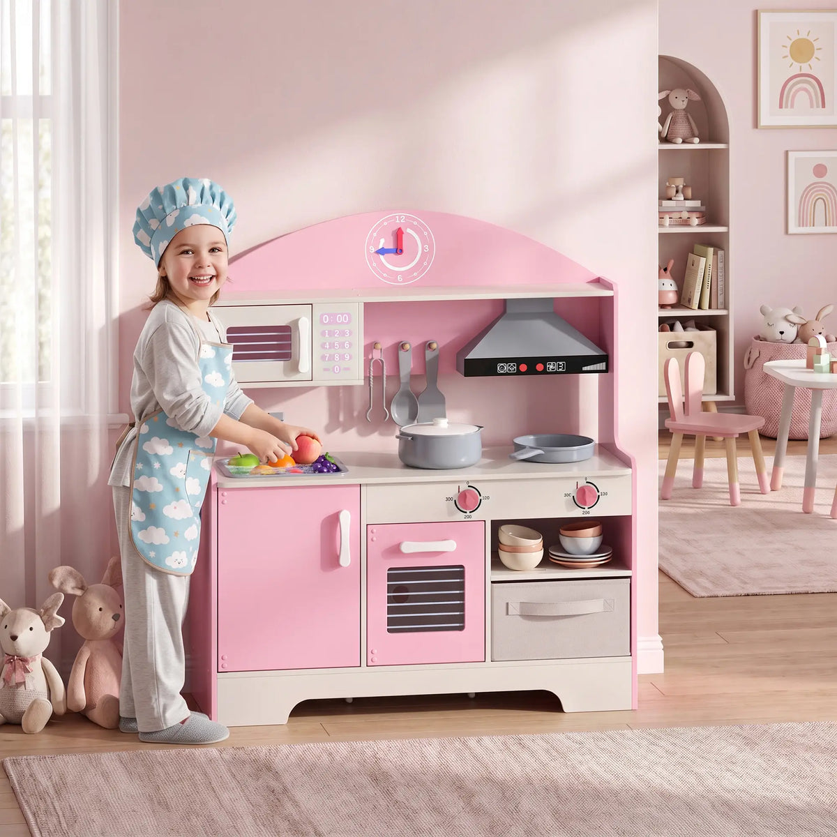 Kids Wooden Play Kitchen Set, Lights Sounds, 5pcs, Ages 3-6, Pink