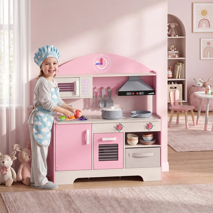 Kids Wooden Play Kitchen Set, Lights Sounds, 5pcs, Ages 3-6, Pink
