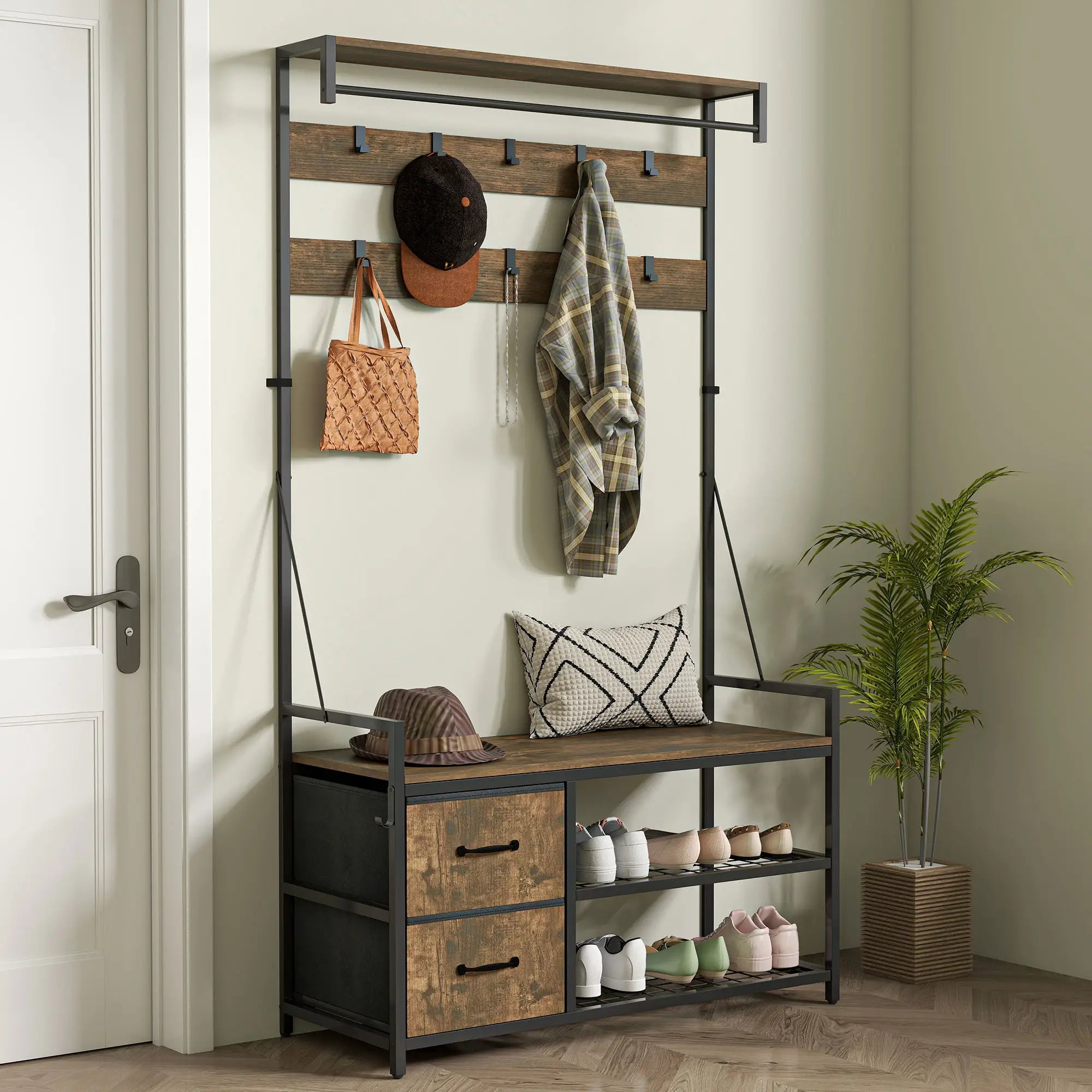 6-In-1 Hall Tree, Bench with Shoe Storage, 10 Hooks, 2 Fabric Drawers, Rustic Brown Clothing Storage at Gallery Canada