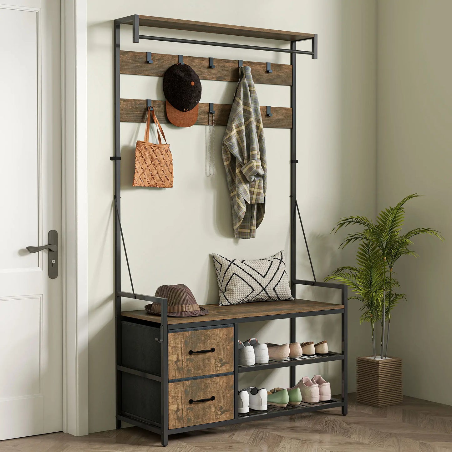 6-In-1 Hall Tree, Bench with Shoe Storage, 10 Hooks, 2 Fabric Drawers, Rustic Brown Clothing Storage at Gallery Canada