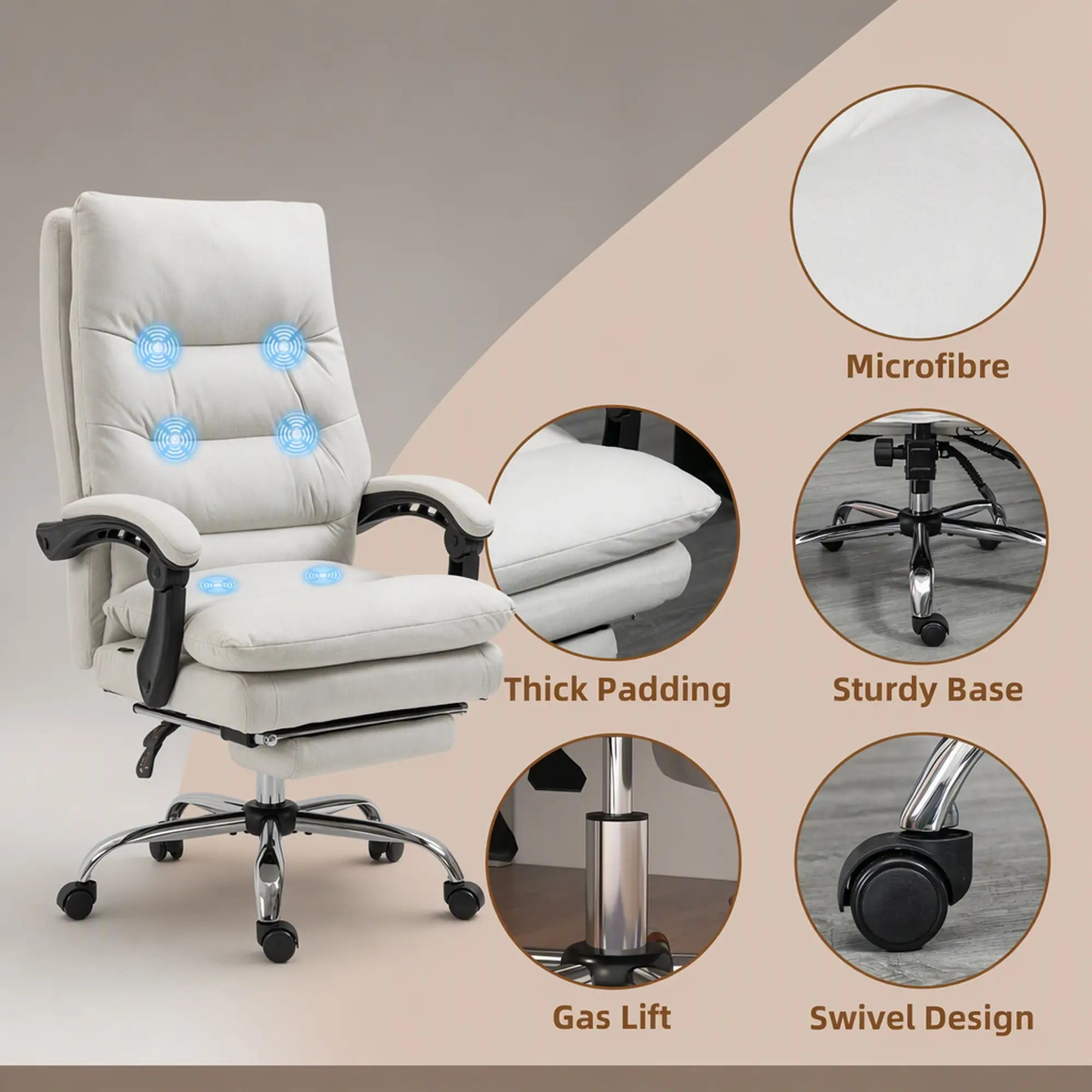 Executive Office Chair with Massage and Heat, Reclining Computer Chair with Footrest, Cream White Massage Chairs at Gallery Canada