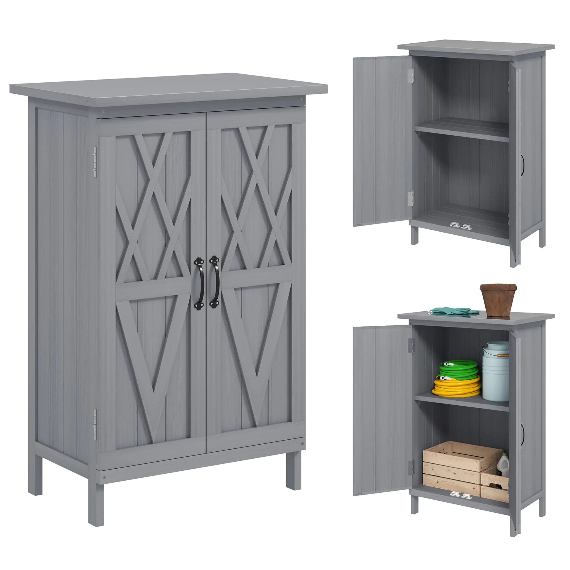 Outdoor Wooden Storage Cabinet, 2-Tier Shelves, Metal Tabletop, Grey Sheds at Gallery Canada