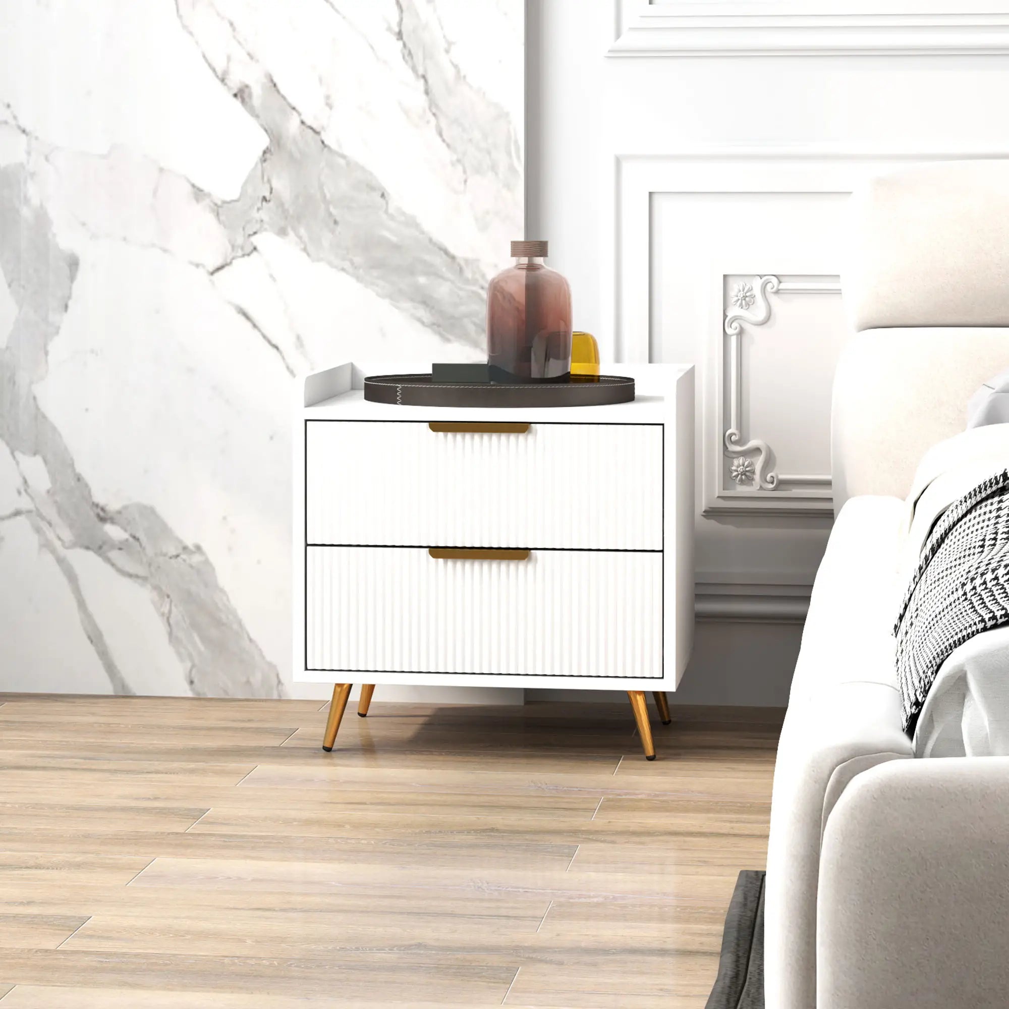 Bedside Table, Nightstand with 2 Drawers, Metal Legs, White Bedside Tables at Gallery Canada