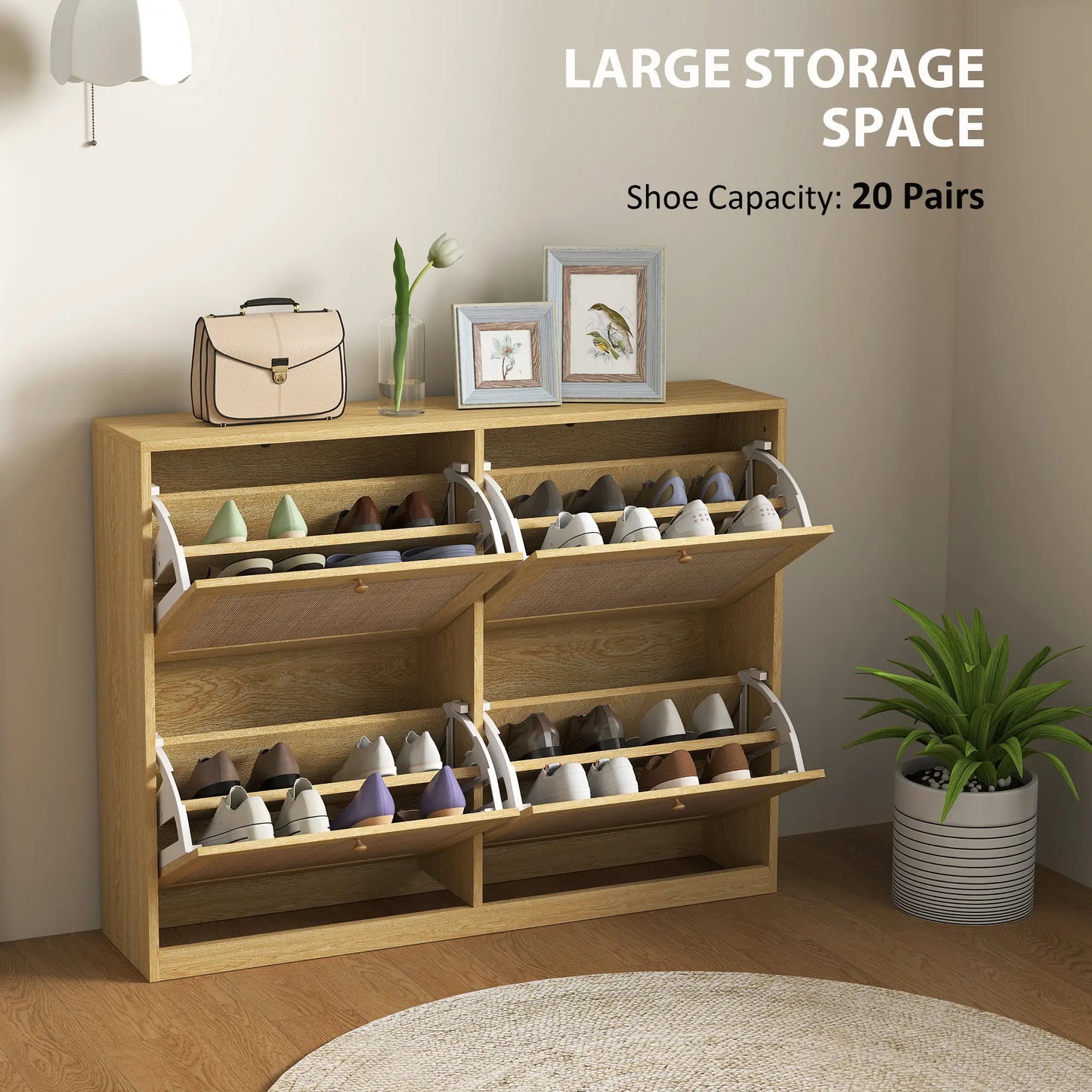 Narrow Shoe Storage Cabinet, 4 Flip Drawers, Adjustable Shelves, 20 Pairs, Oak Shoe Storage Cabinets & Racks at Gallery Canada
