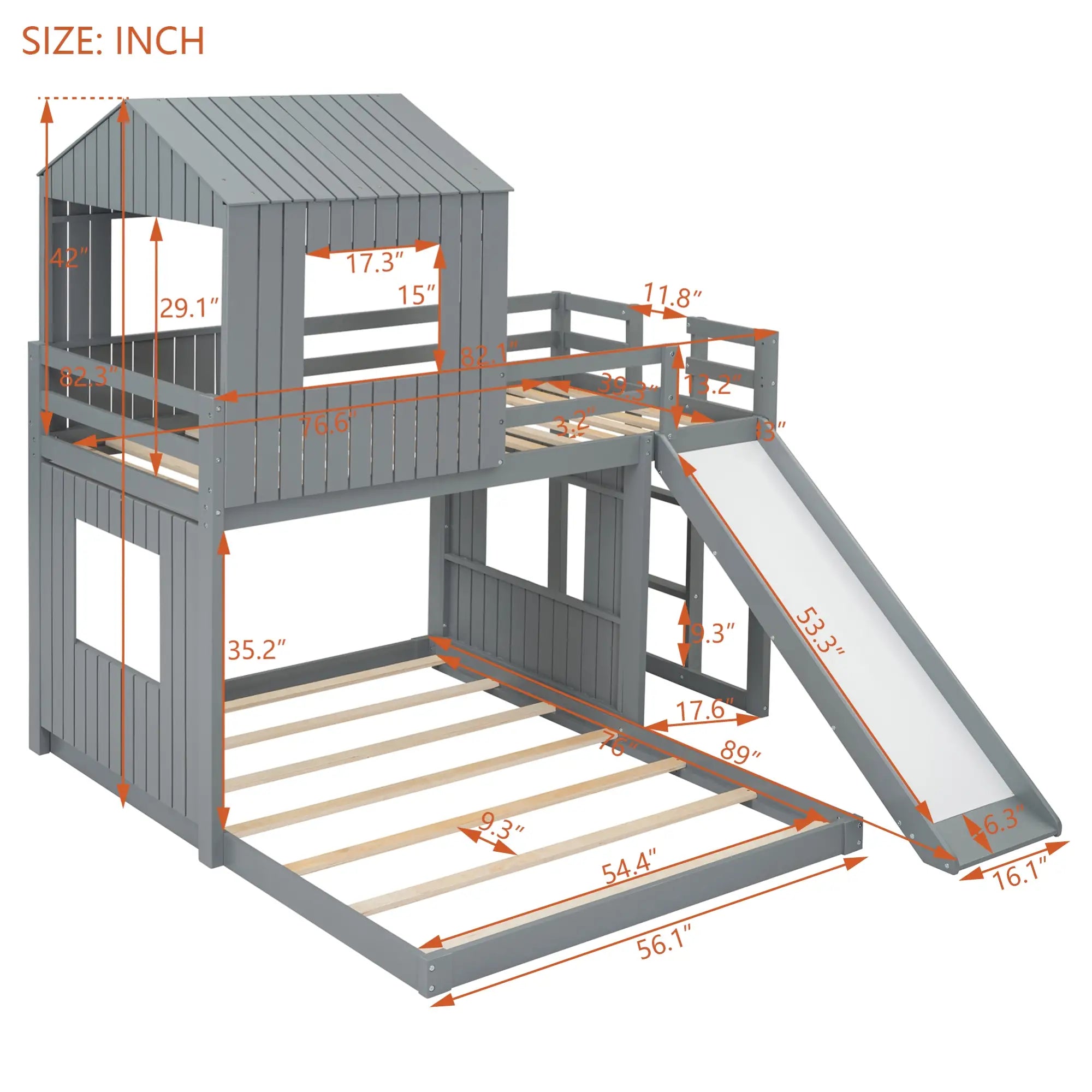 Twin Over Full Bunk Bed with Playhouse, Ladder, Slide, Guardrails, 82