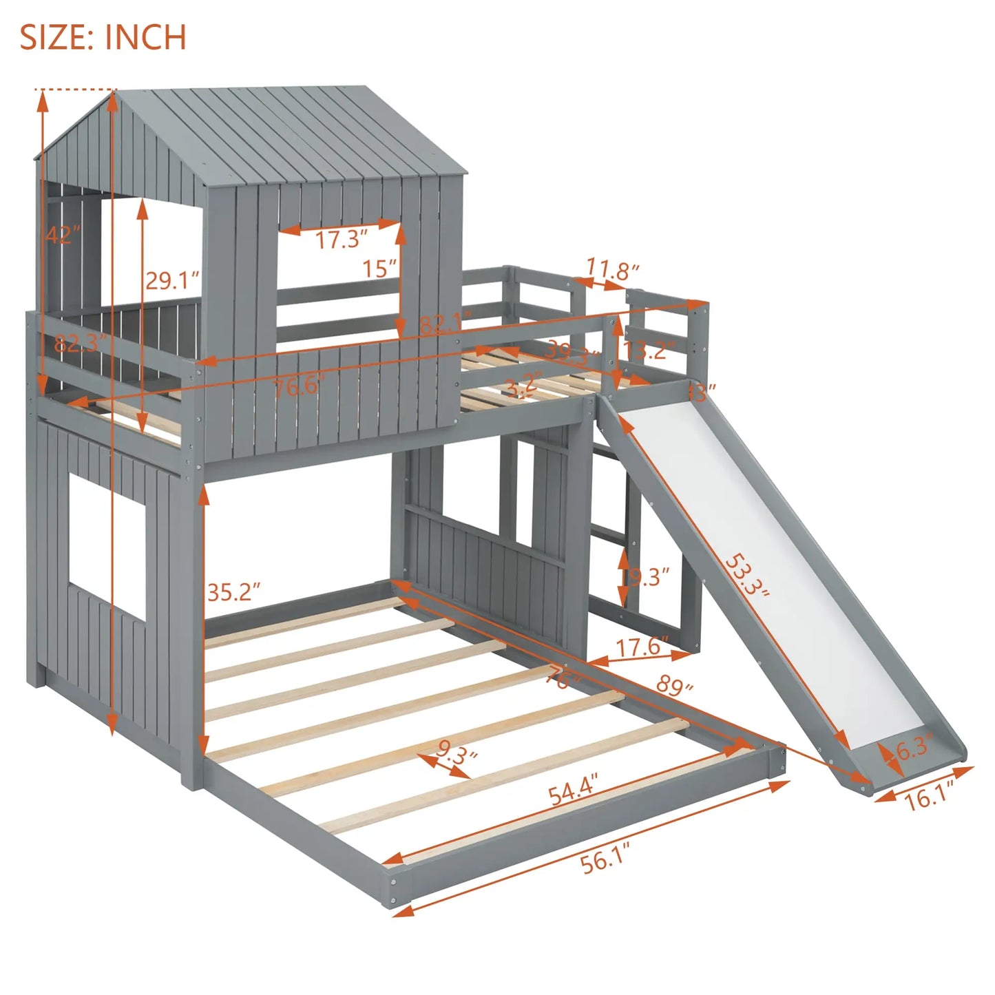 Twin Over Full Bunk Bed with Playhouse, Ladder, Slide, Guardrails, 82" L x 89" W x 82.5" H, Grey Bed Frames at Gallery Canada