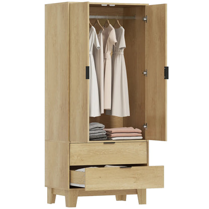 Modern Wardrobe Closet, Freestanding Armoire, 2 Drawers, Hanging Rod, Natural Clothing Storage at Gallery Canada