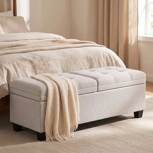 51.2" Storage Ottoman Bench, End of Bed Bench, Cream White Storage Ottomans & Benches Multi Colour at Gallery Canada