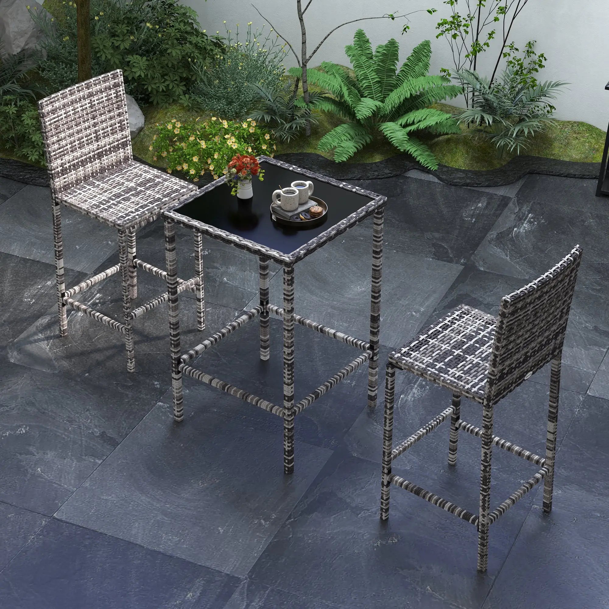 3 Piece Patio Bar Set, Wicker Rattan, Barstool and Table, Grey Bistro Sets at Gallery Canada
