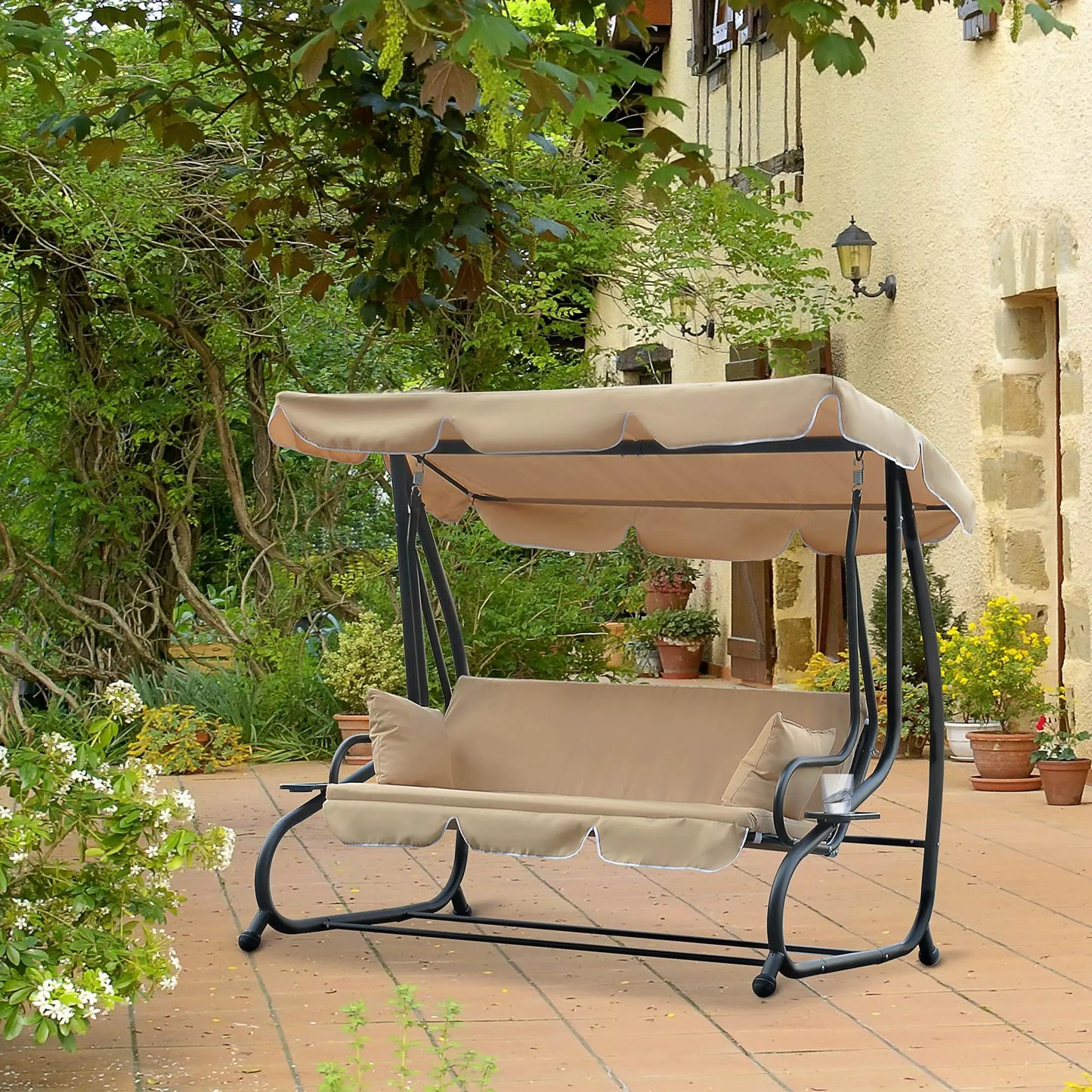 3-Seat Outdoor Swing Chair, Convertible Flat Bed, Adjustable Canopy, Beige Patio Swings with Stand at Gallery Canada