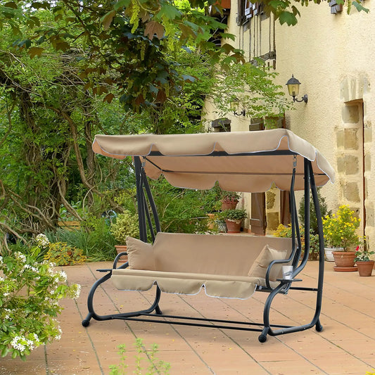 3-Seat Outdoor Swing Chair, Convertible Flat Bed, Adjustable Canopy, Beige Patio Swings with Stand Beige at Gallery Canada