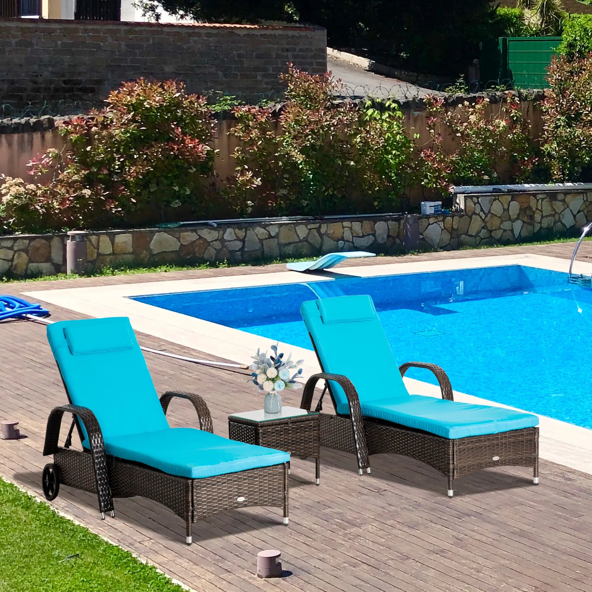 3-Piece Wicker Patio Lounger Set with Table, PE Rattan, Brown/Blue Chaise Loungers at Gallery Canada