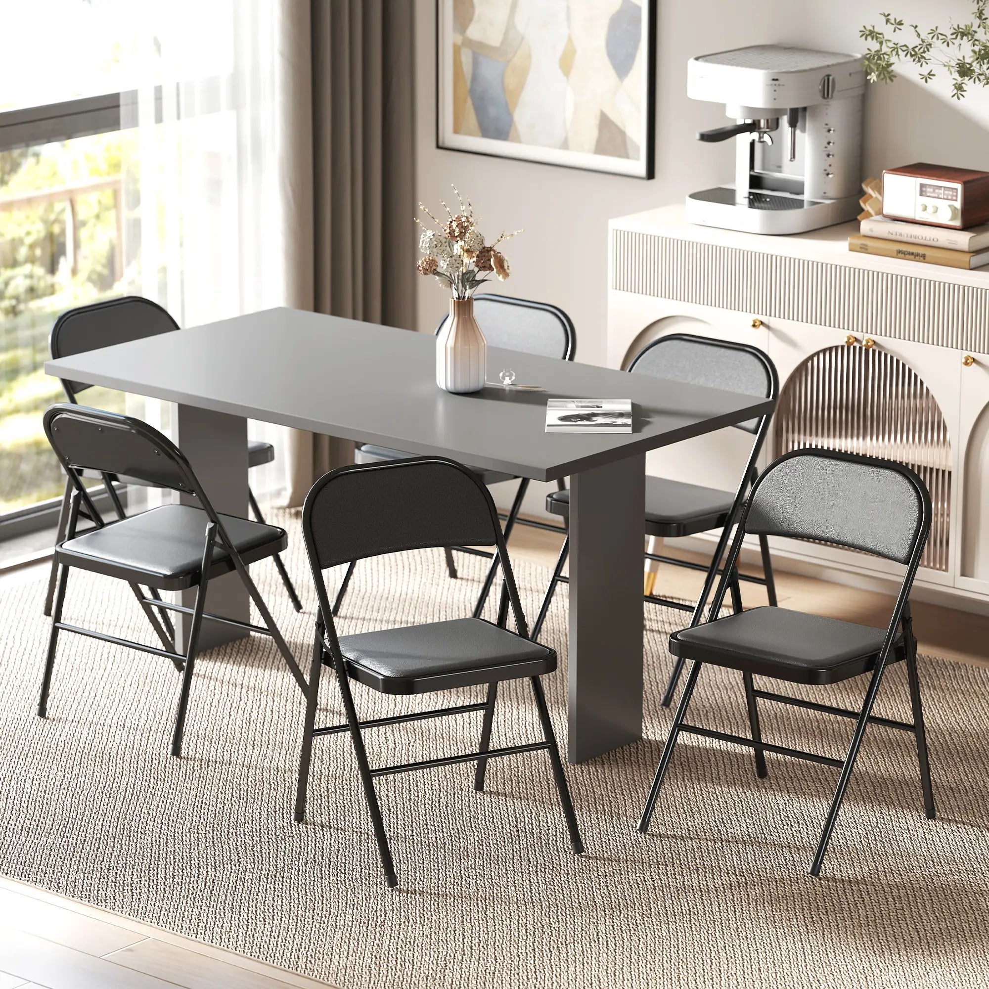Set of 6 Metal Foldable Chairs, PU Leather Padded, Black Dining Chairs at Gallery Canada