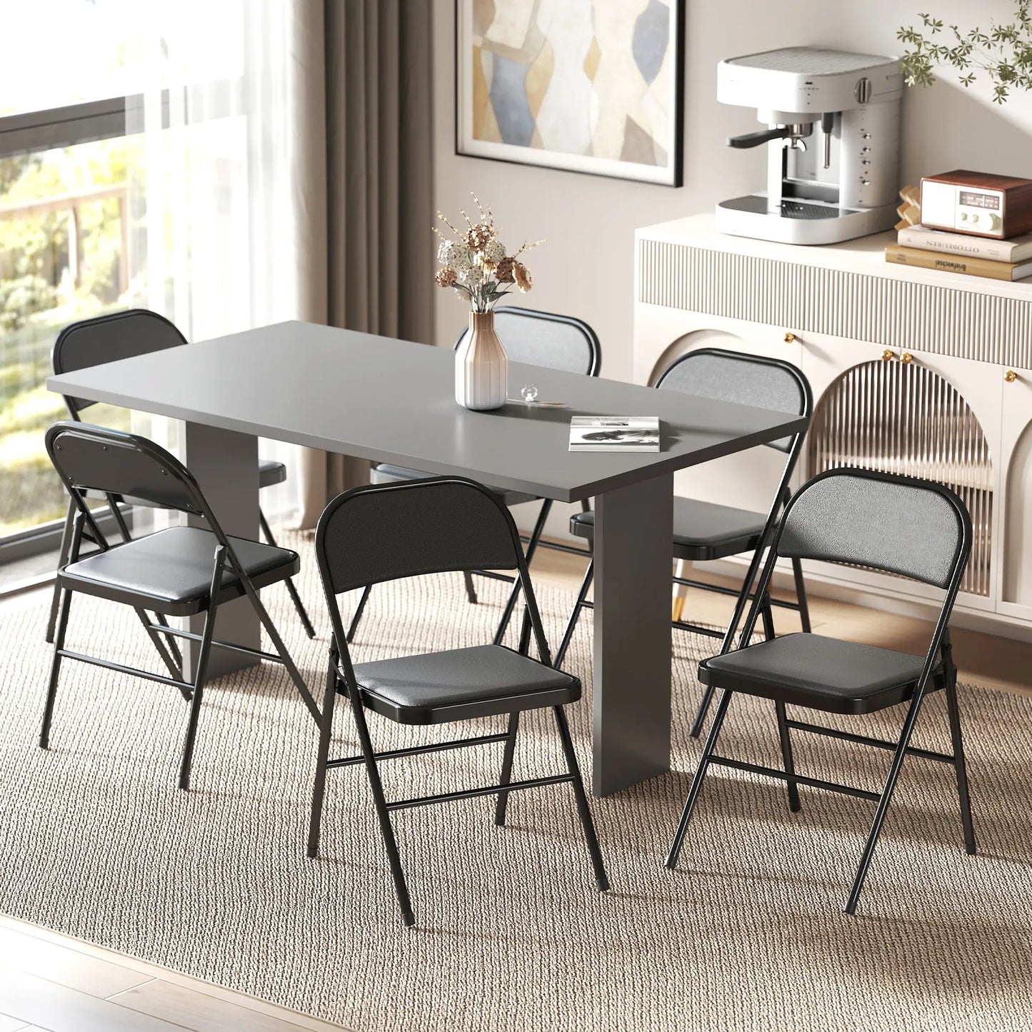 Set of 6 Metal Foldable Chairs, PU Leather Padded, Black Dining Chairs at Gallery Canada