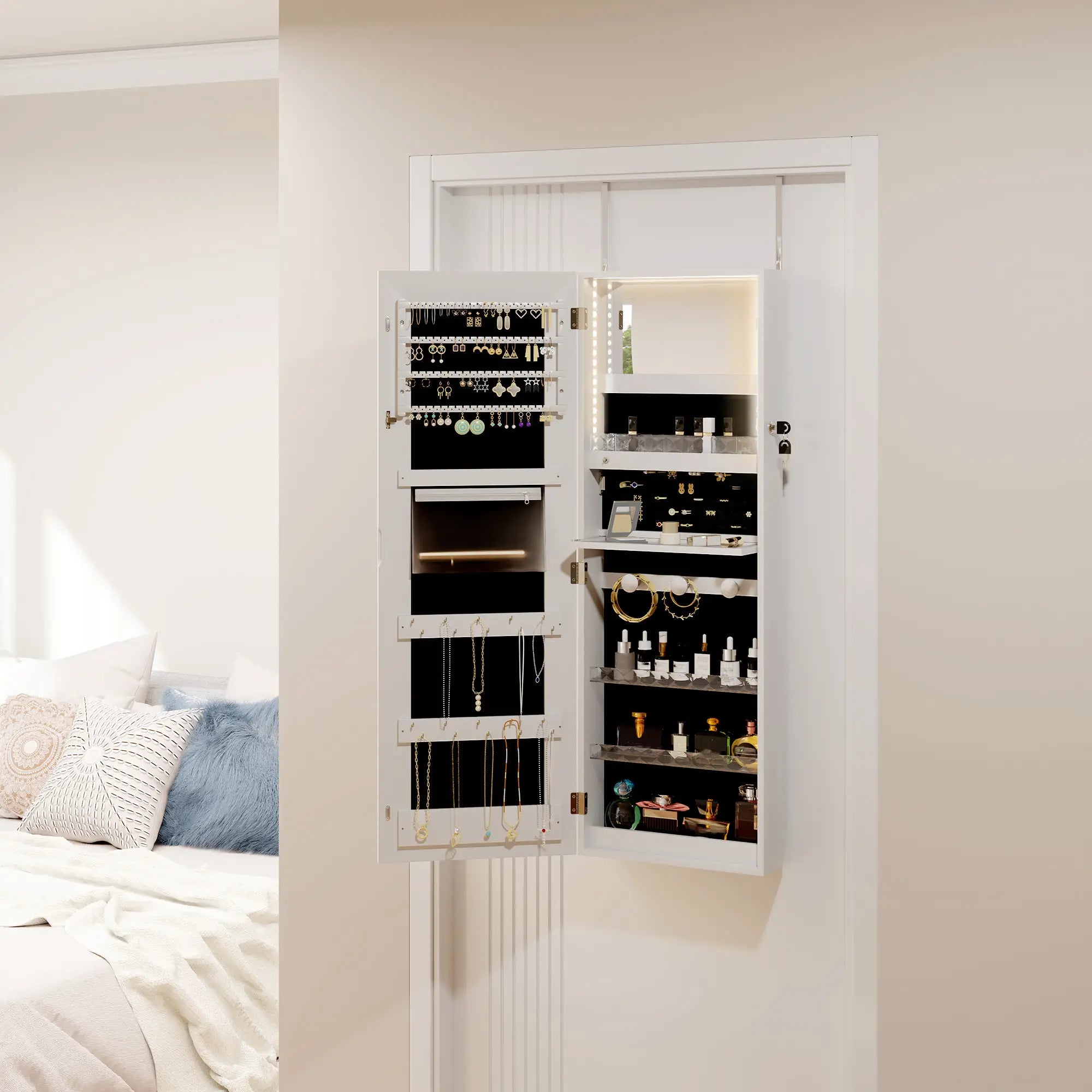 LED Lighted Jewelry Armoire with Mirror, Lockable Door, White Jewelry Armoire & Jewellery Mirror Cabinets at Gallery Canada