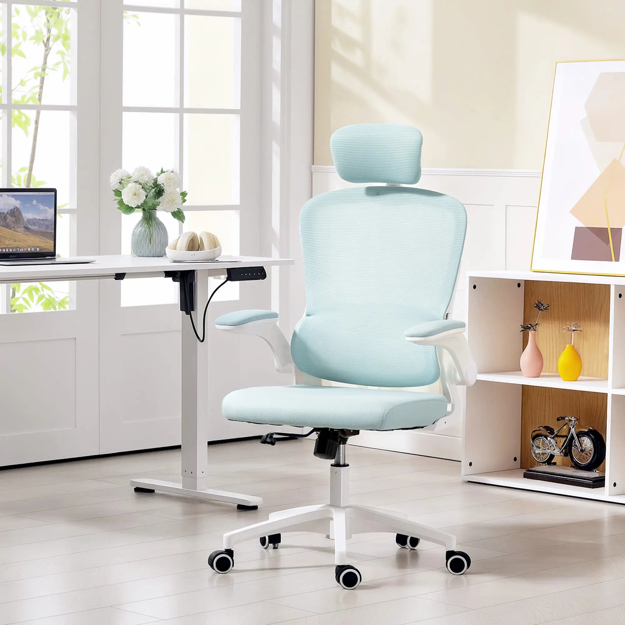 Ergonomic Mesh Office Chair, High Back, Headrest, Flip-Up Armrests, Lumbar Support, Light Green Task Chairs at Gallery Canada