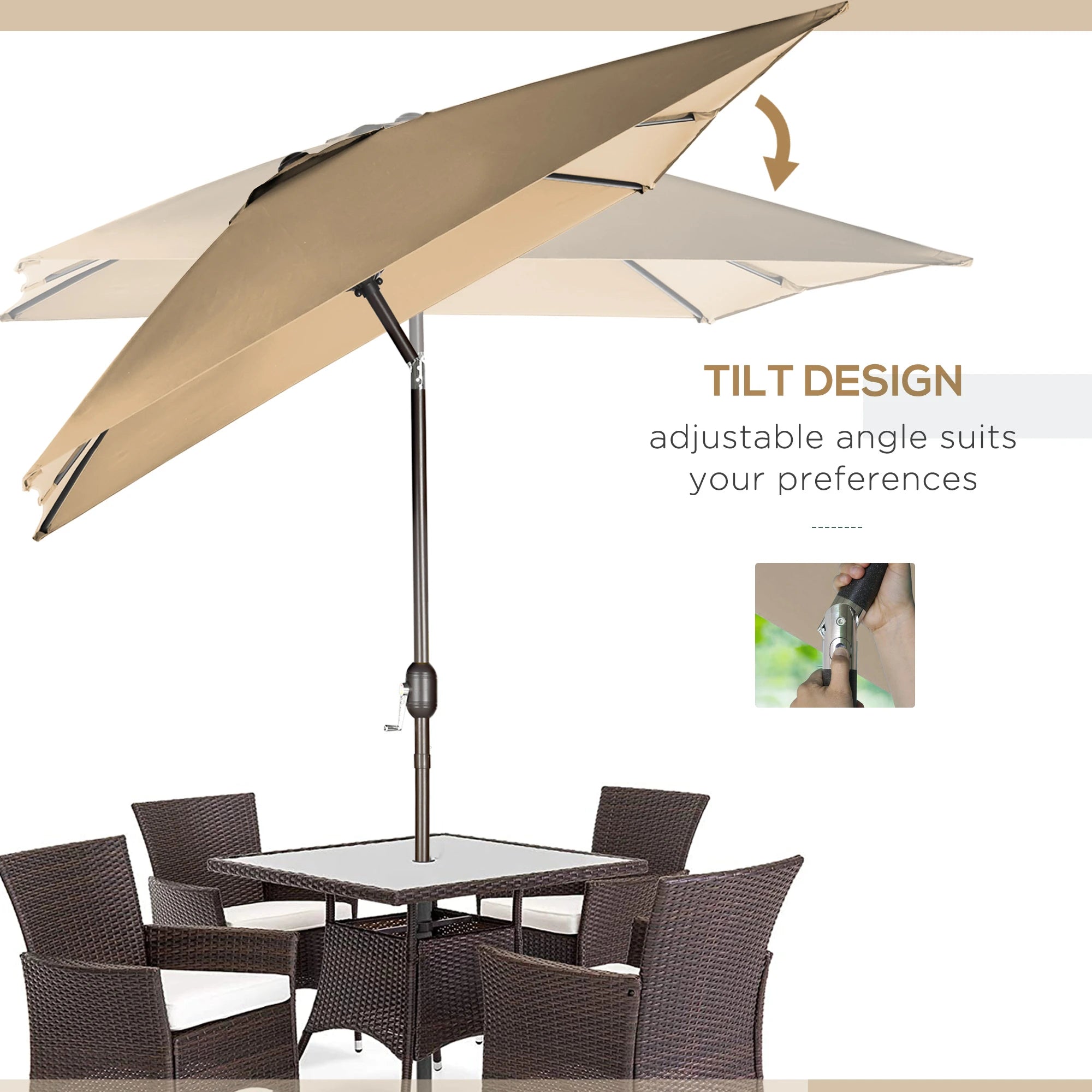 6.5x10ft Rectangle Patio Umbrella, Aluminum Frame, Crank Handle, Tan Sun Umbrellas at Gallery Canada