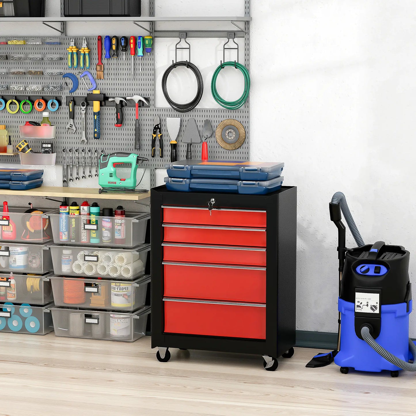 5-Drawer Rolling Tool Chest, Lockable Tool Cabinet, 4 Wheels, Black, Red Tool Organizers at Gallery Canada