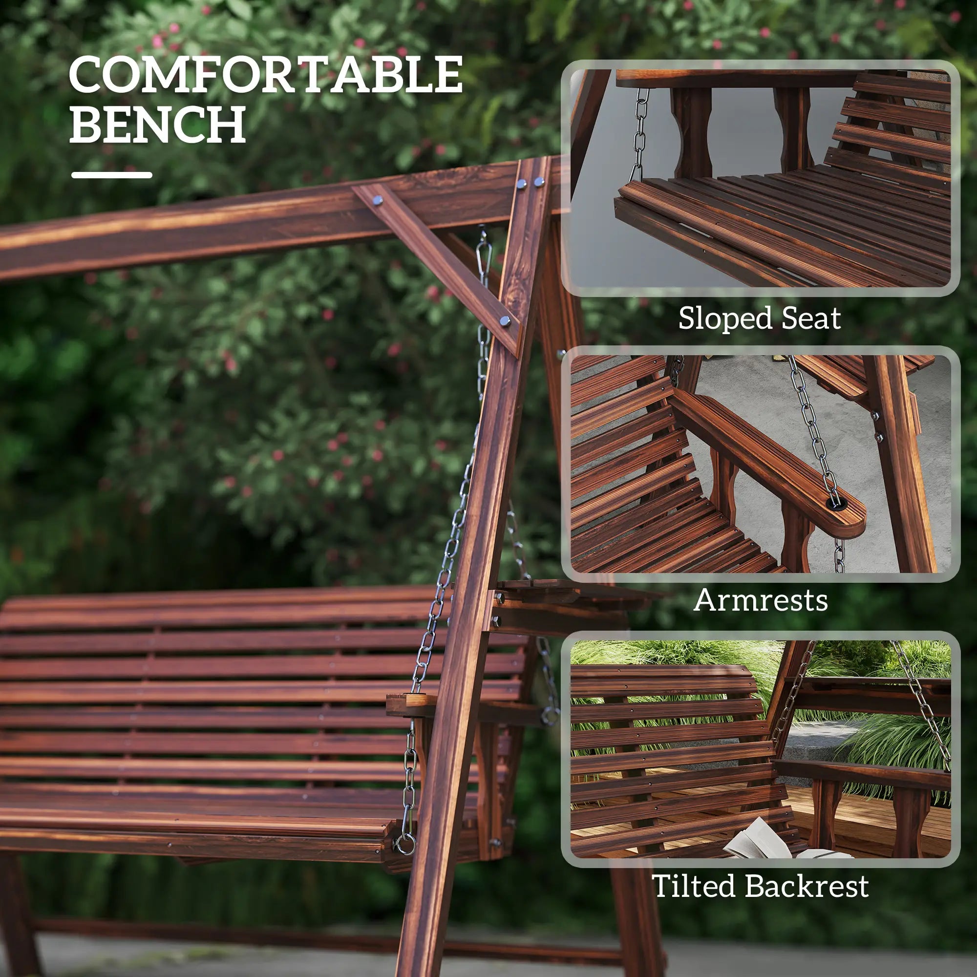 3 Seat Wooden Porch Swing With Stand, Carbonized Brown Patio Swings with Stand at Gallery Canada