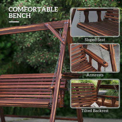 3 Seat Wooden Porch Swing With Stand, Carbonized Brown Patio Swings with Stand at Gallery Canada