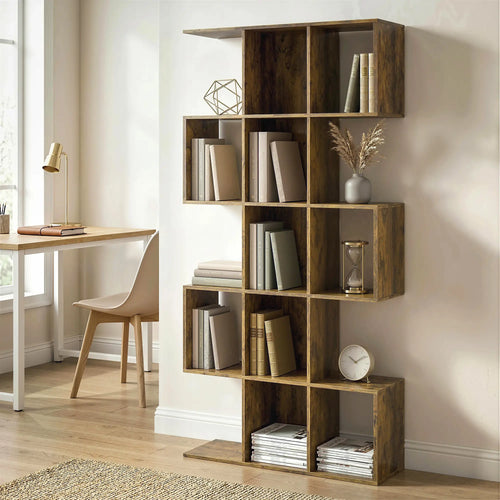 5-Tier S-Shaped Bookshelf, 15 Compartments, Rustic Brown, Rustic Brown