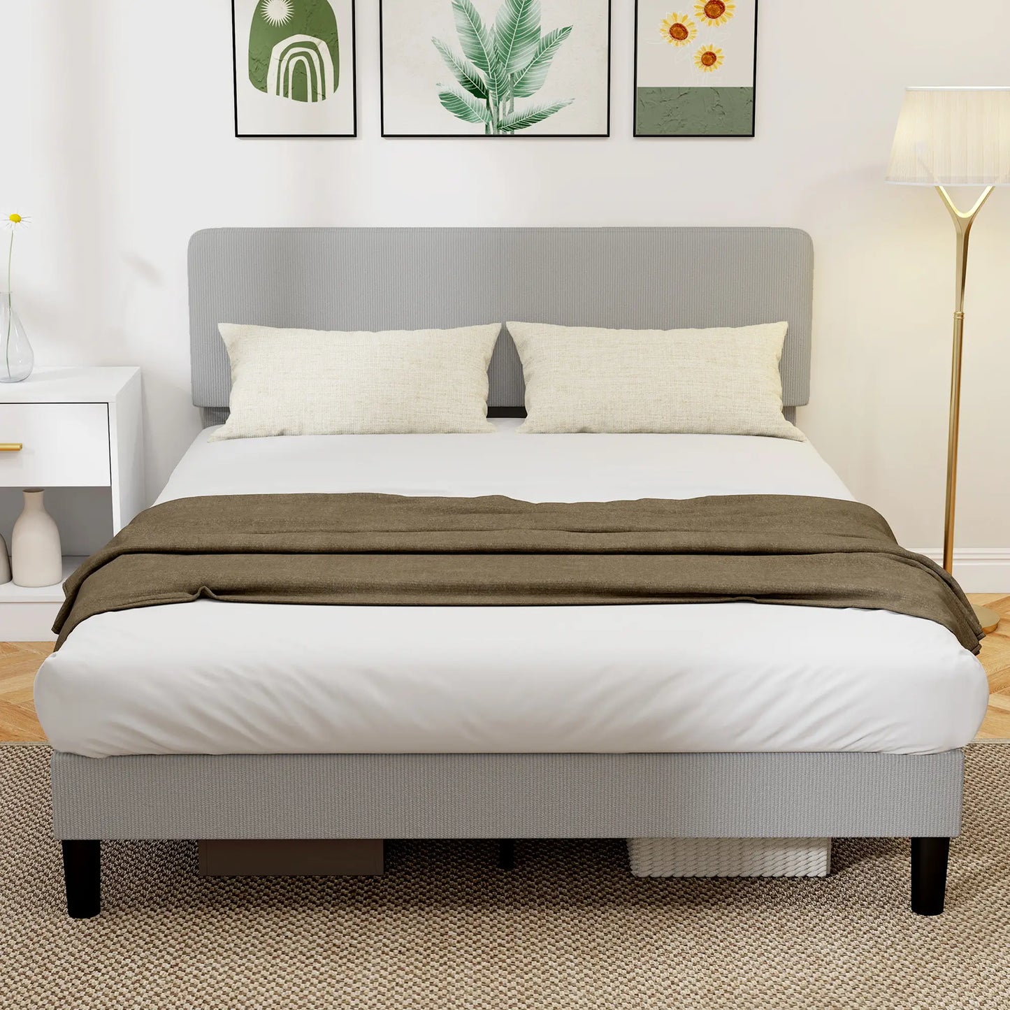 Queen Size Bed Frame, Adjustable Upholstered Headboard, Wood Slat Support, Light Grey Bed Frames at Gallery Canada