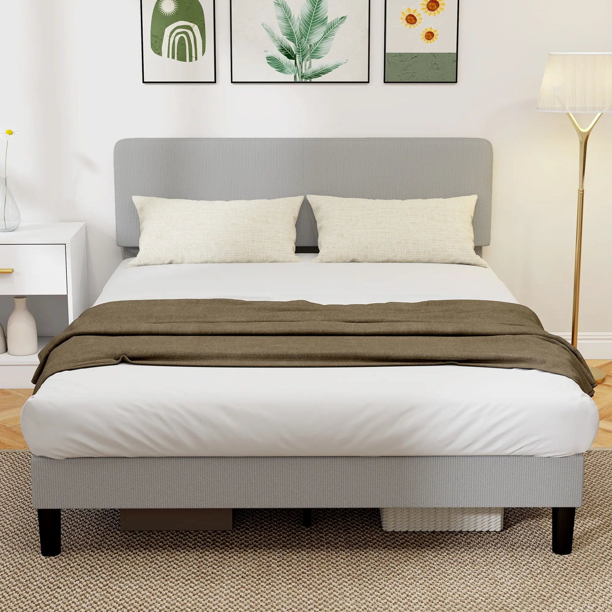 Queen Size Bed Frame, Adjustable Upholstered Headboard, Wood Slat Support, Light Grey Bed Frames at Gallery Canada