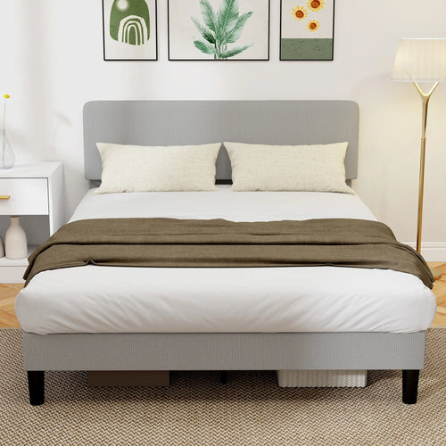 Queen Size Bed Frame, Adjustable Upholstered Headboard, Wood Slat Support, Light Grey