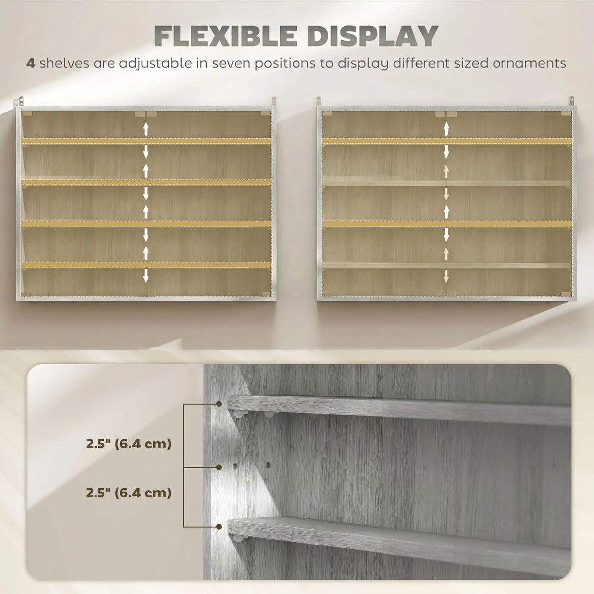 5-Tier Glass Display Cabinet, 2 Doors, 4 Adjustable Shelves, Grey Display Bookshelves at Gallery Canada
