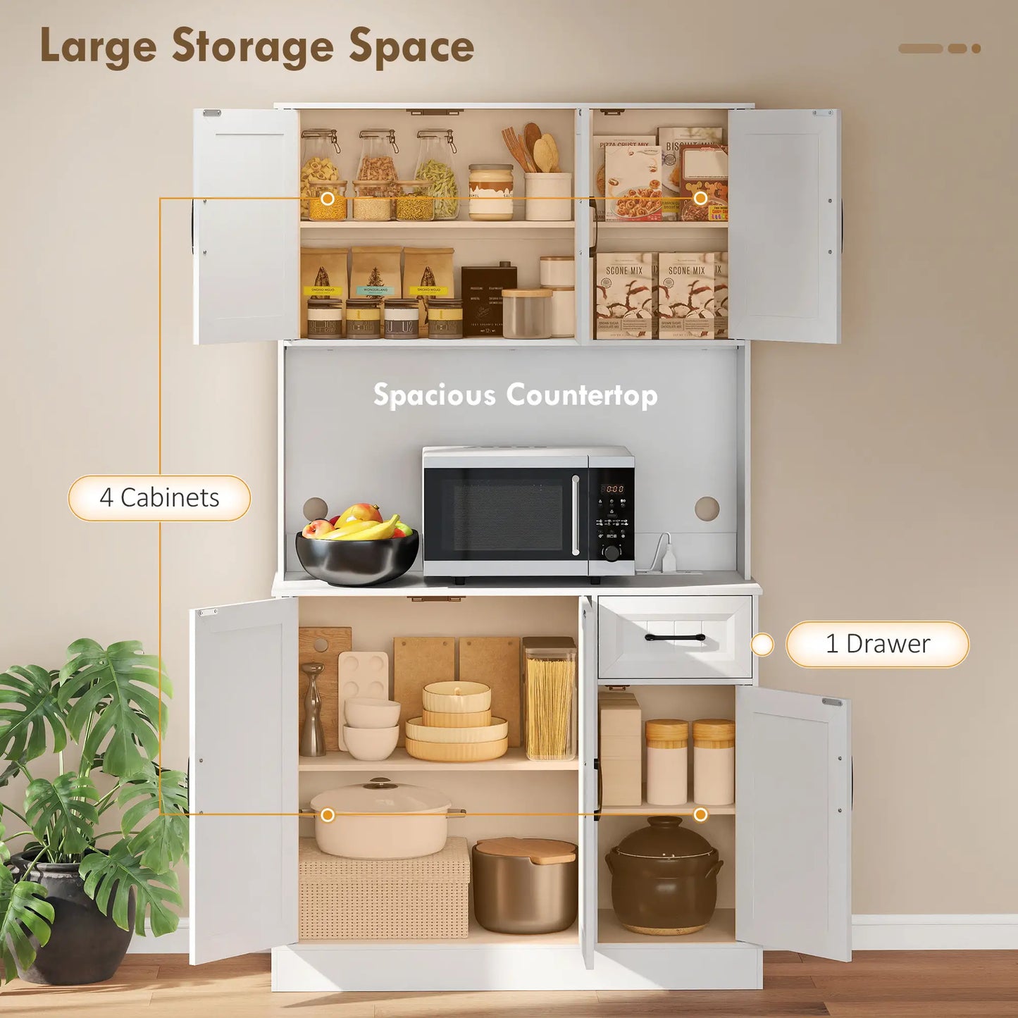 71 Inch Pantry Cabinet with Charging Station, Microwave Stand, Adjustable Shelves, White Kitchen Pantry Cabinets at Gallery Canada