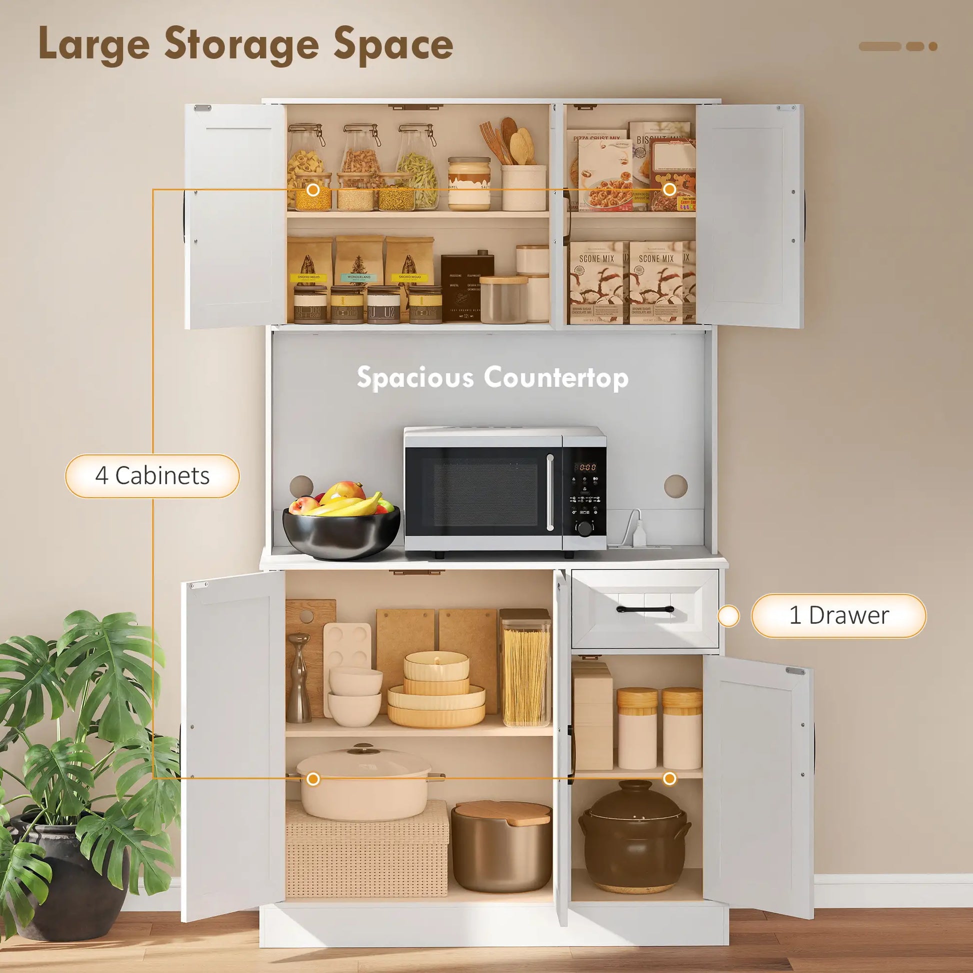 71 Inch Pantry Cabinet with Charging Station, Microwave Stand, Adjustable Shelves, White Kitchen Pantry Cabinets at Gallery Canada