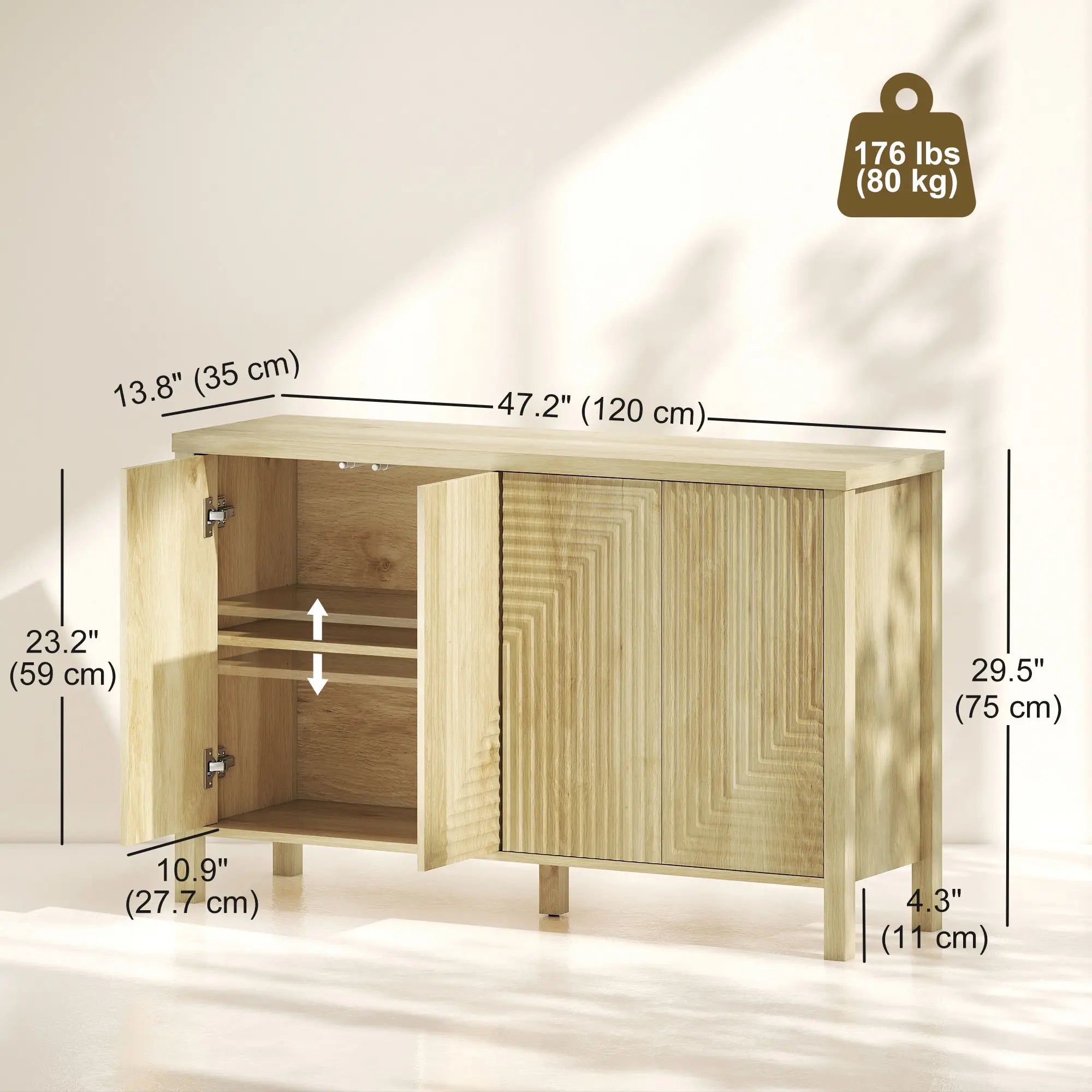 47 Inch Buffet Cabinet, Fluted Sideboard, Push Open, 2 Shelves, 4 Doors, Natural Bar Cabinets at Gallery Canada