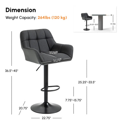 Ensemble de tabourets pivotants de 2, réglables avec repose-pieds, dossier en simili cuir, noir, gris