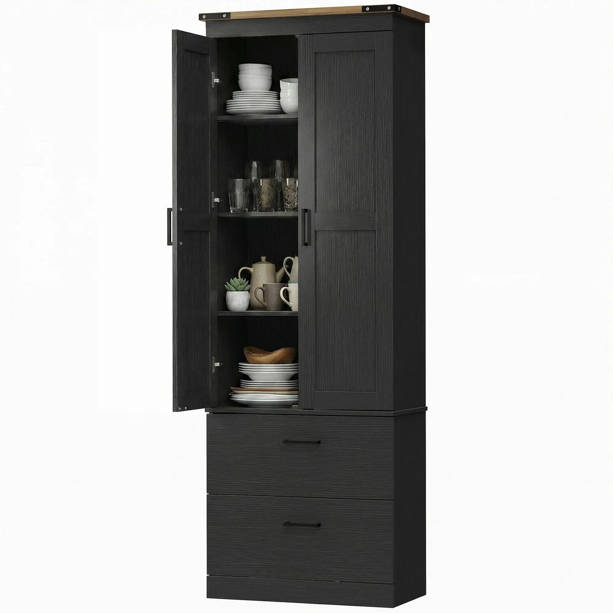 67" Tall Kitchen Pantry Cabinet With Doors, Drawers, Adjustable Shelves, Black Kitchen Pantry Cabinets Black at Gallery Canada