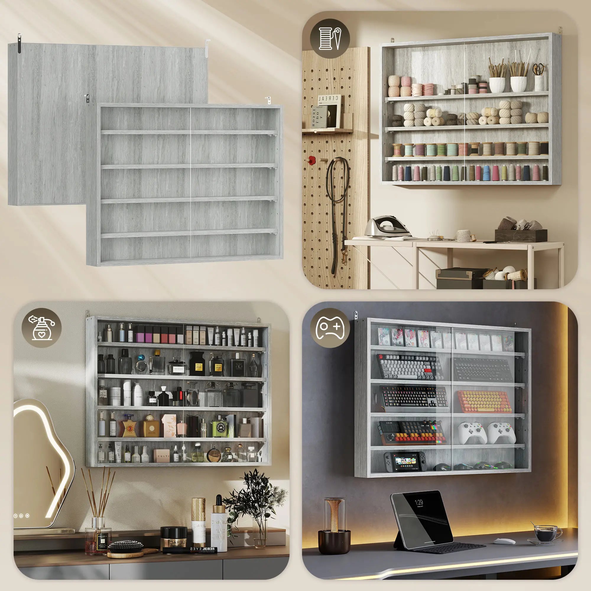 5-Tier Glass Display Cabinet, 2 Doors, 4 Adjustable Shelves, Grey Display Bookshelves at Gallery Canada