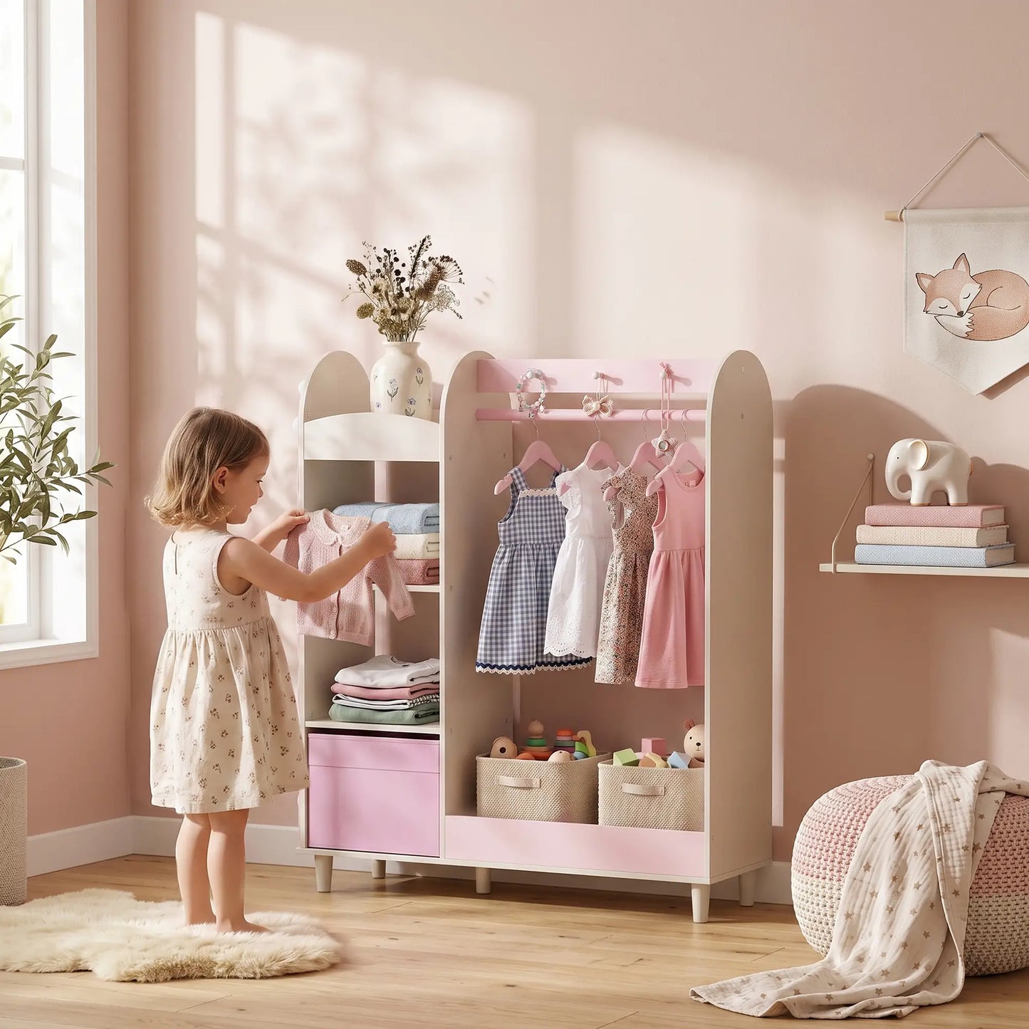 Portant à vêtements pour enfants avec miroir, tiroir et étagères, rose