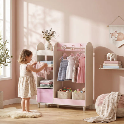 Portant à vêtements pour enfants avec miroir, tiroir et étagères, rose