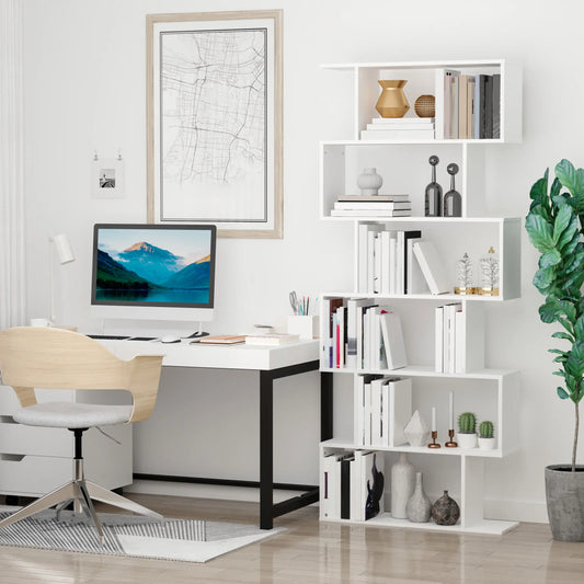 76" 6-Tier Geometric Wooden Bookcase, S Shaped Storage Shelf, White Display Bookshelves White at Gallery Canada