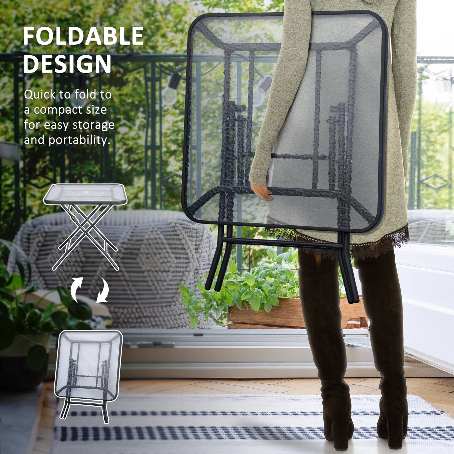 30" Square Outdoor Dining Table, Foldable, Water-Grain Glass Top, Black Patio Side Tables at Gallery Canada