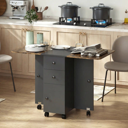 Drop Leaf Dining Table On Wheels With Drawers, Rustic Brown And Black, Brown, Black Dining Tables Rustic Brown, Black at Gallery Canada