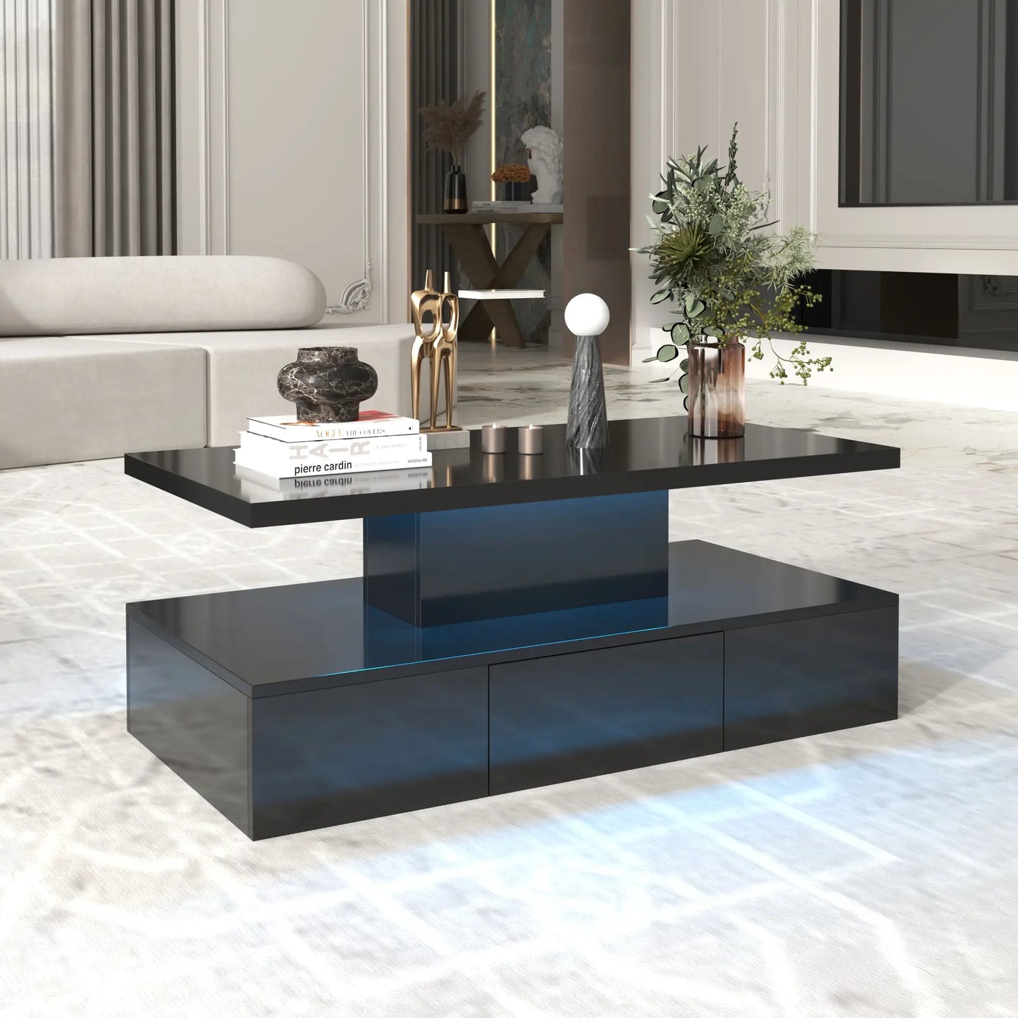 High-Gloss Coffee Table, Hidden Drawer, 39.5" L x 19.5" W x 15.5" H, Black Coffee Tables at Gallery Canada