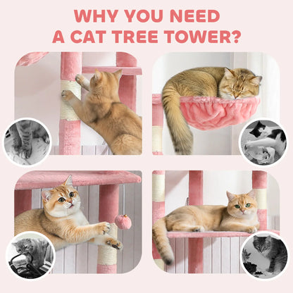 94"-102" Floor To Ceiling Cat Tree, Multi-Level Play House, Pink