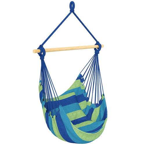 Hanging Macrame Chair, Two Soft Seat Cushions, Blue Green
