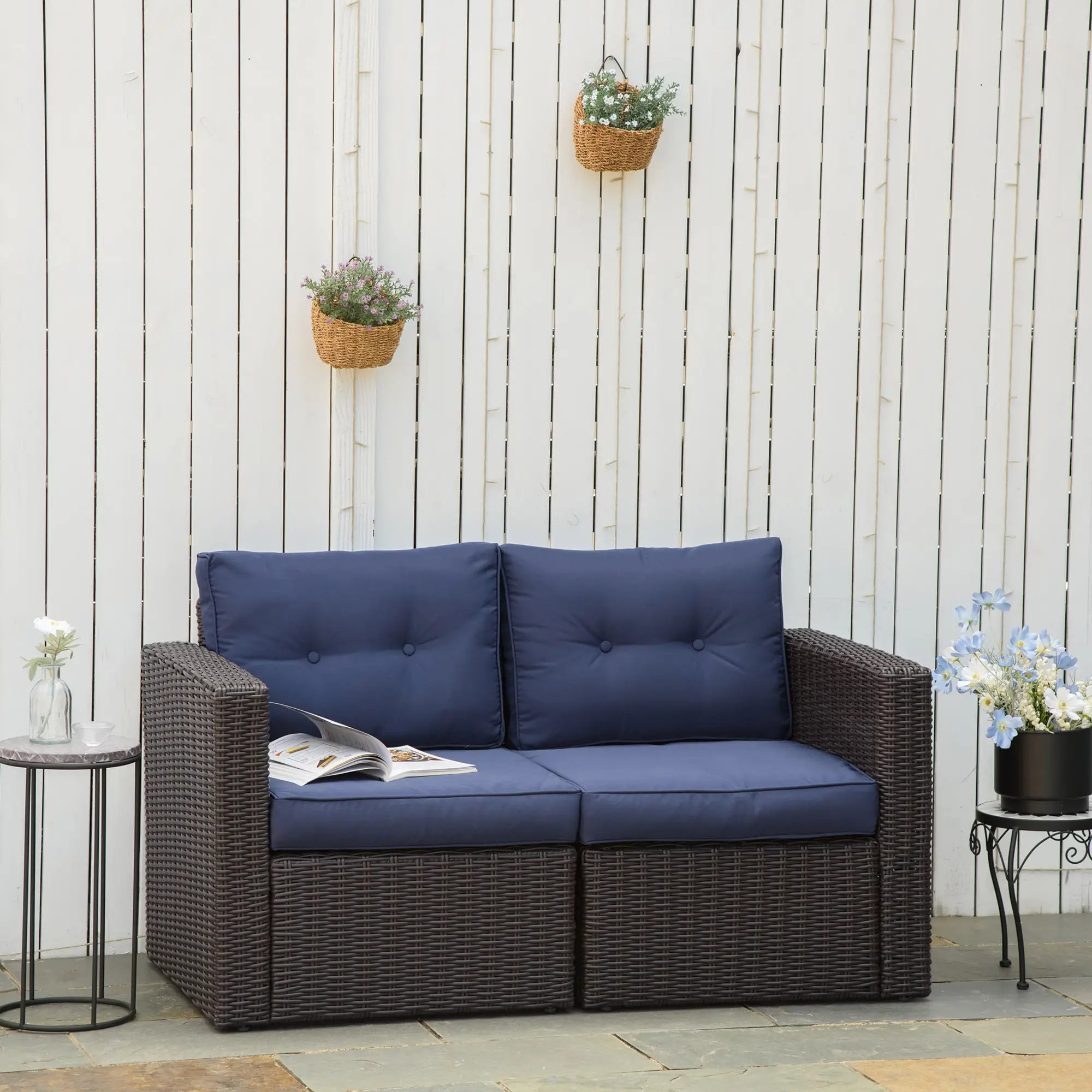 2 Pcs Patio Furniture Set, Wicker Corner Sofa, PE Rattan, Dark Blue Patio Furniture Sets at Gallery Canada