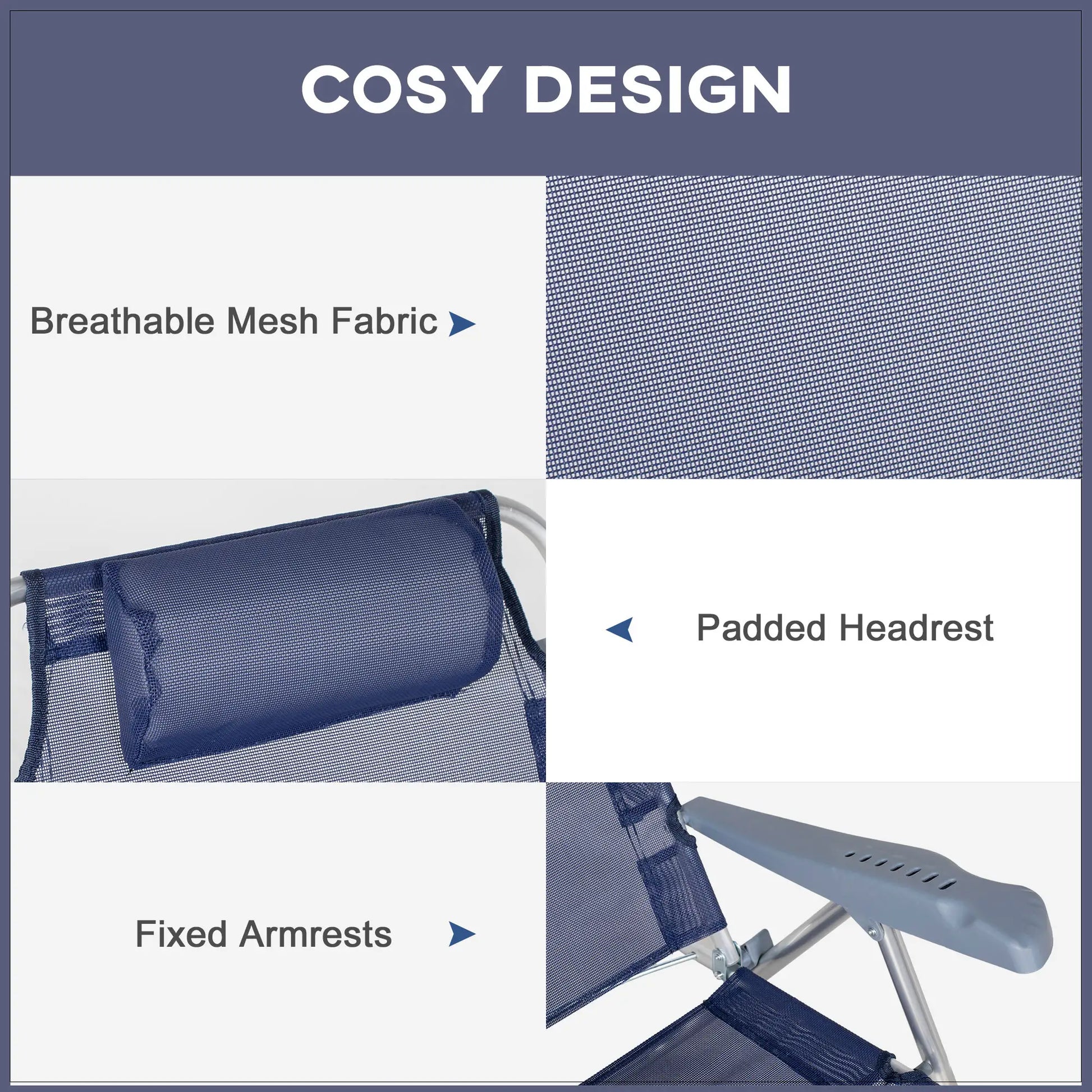 Set of 2 Fishing Chairs, Adjustable Backrest, Headrest, Folding, Dark Blue Picnic Tables & Camping Chairs at Gallery Canada