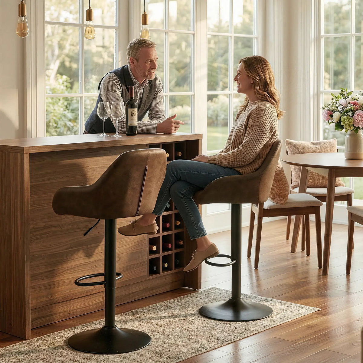 Adjustable Swivel Bar Stools Set of 2, PU Leather with Footrest, Coffee Bar Stools at Gallery Canada