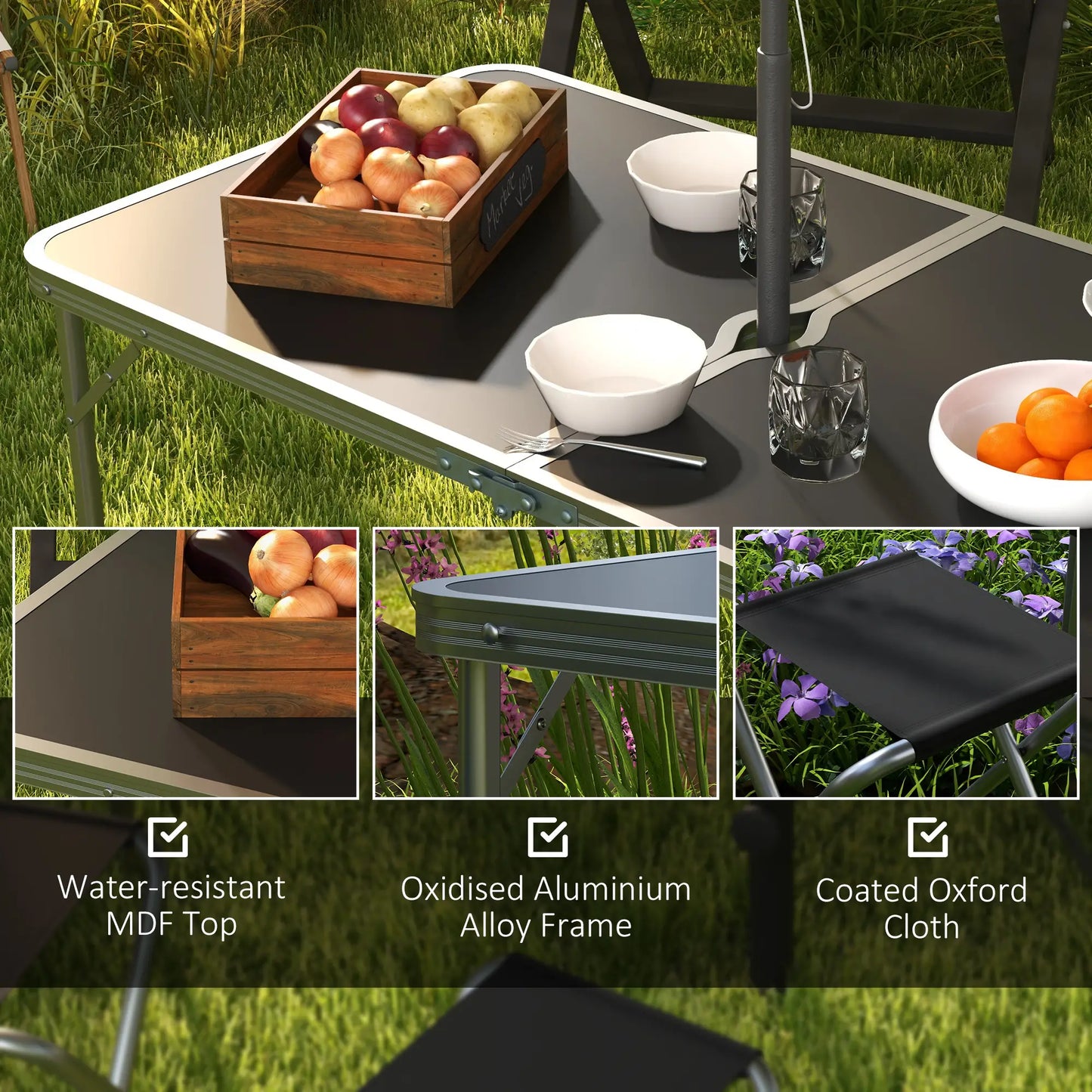 Folding Picnic Table With Chairs, 47.2" L x 23.6" W x 21.7"-27.6" H, Black Picnic Tables & Camping Chairs at Gallery Canada